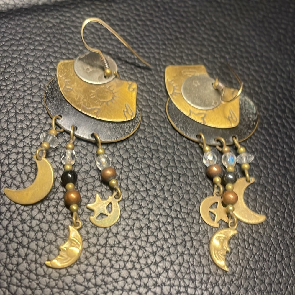 Vintage handmade stamped brass celestial style dangle drop earrings